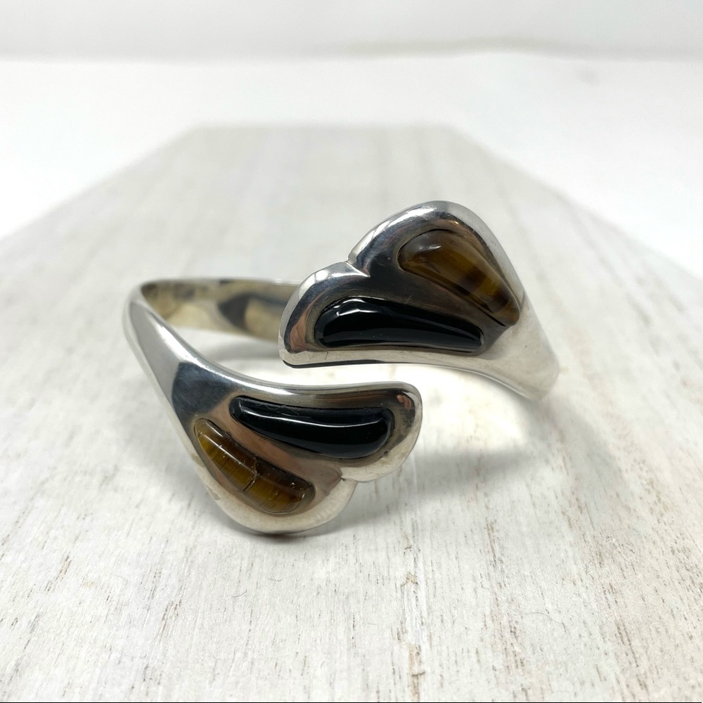 TAXCO Sterling silver, Onyx, Tiger’s Eye hinged cuff bracelet - Picture 3 of 12